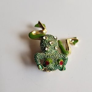 5 Fun Vintage Frog Brooches Lot, Enamel Rhinestones Articulated Small