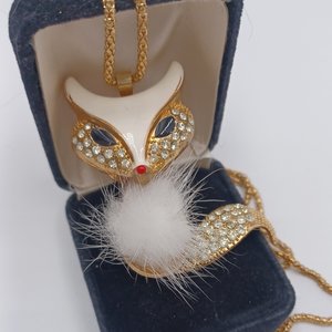 Vintage Gold Tone and Rhinestones Articulated Fox Pendant and Chain Necklace