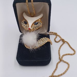 Vintage Gold Tone and Rhinestones Articulated Fox Pendant and Chain Necklace