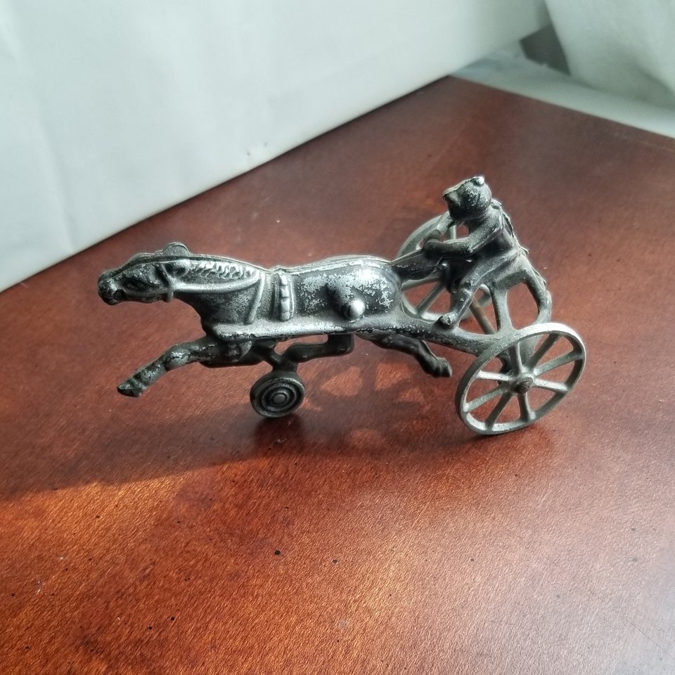 Antique Aluminum Metal Horse Racing Jockey and Sulky Rolling Push Toy, Original paint