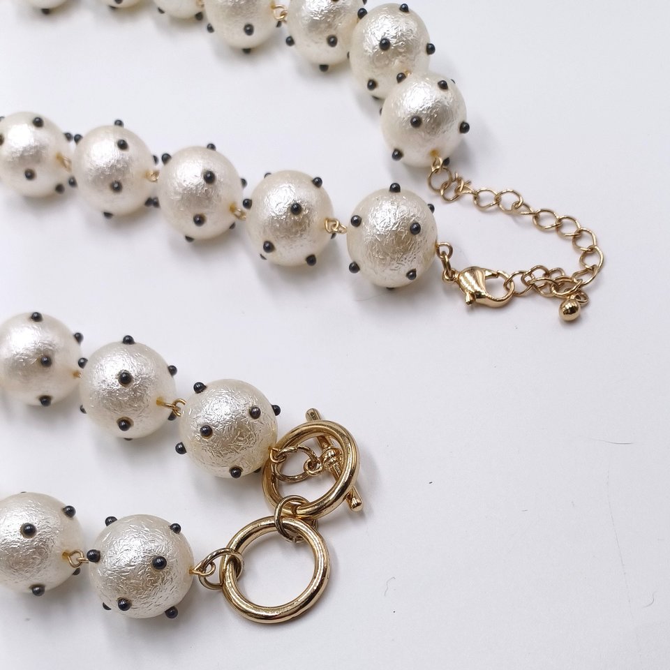 Beaded White  Polka Dot Necklace and Bracelet Set
