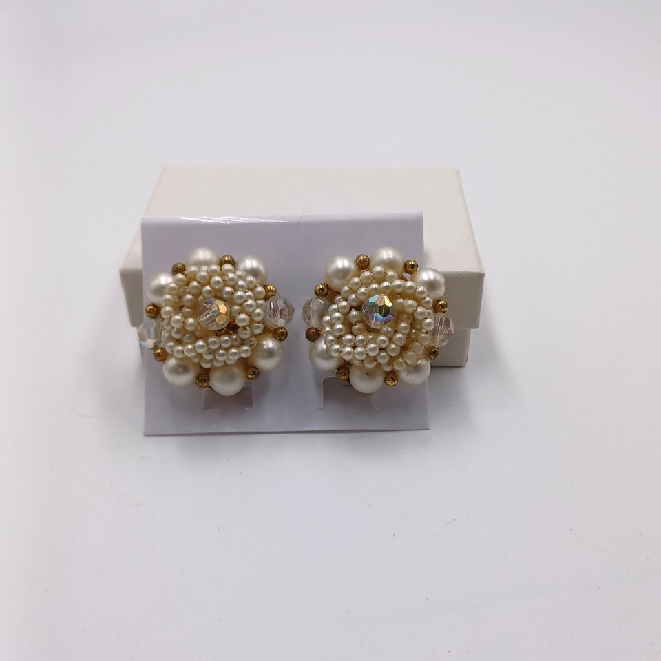 3 Pairs Mid Century Cluster Beaded Clip on Earrings