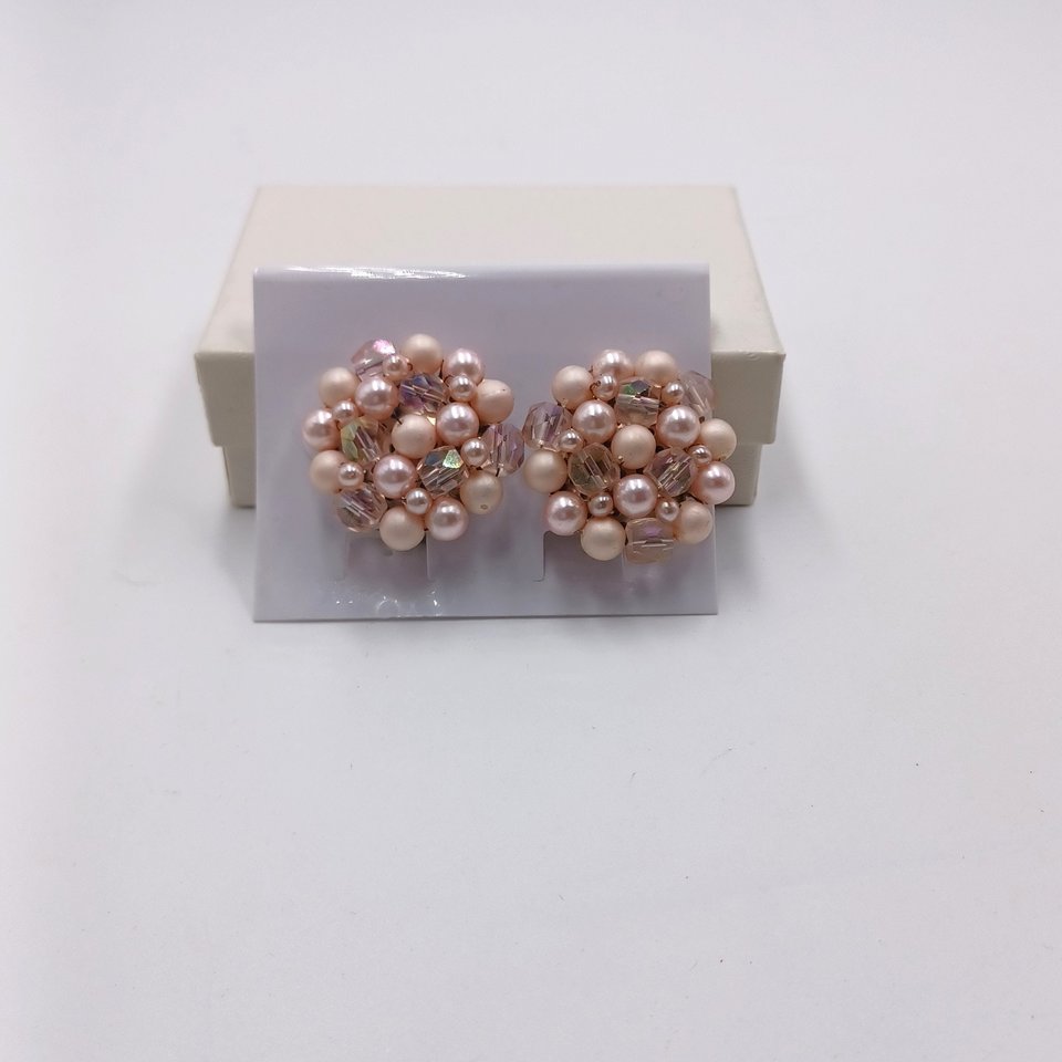 3 Pairs Mid Century Cluster Beaded Clip on Earrings