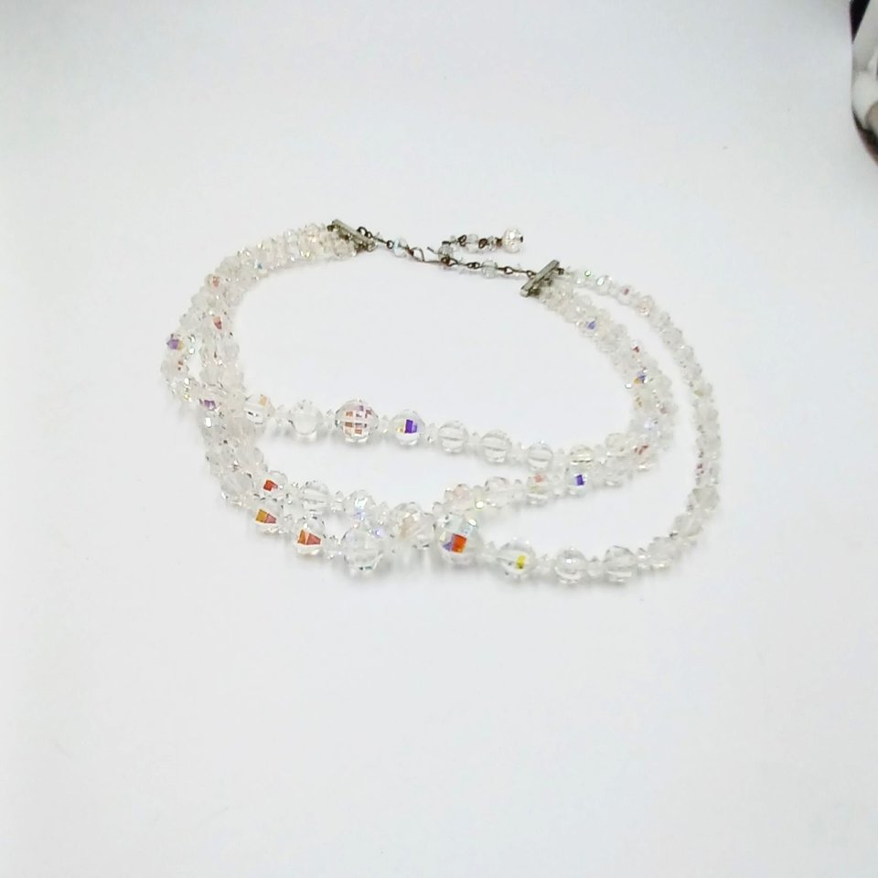 Fabulous Triple Strand Faceted Aurora Borealis Crystals Graduated Necklace
