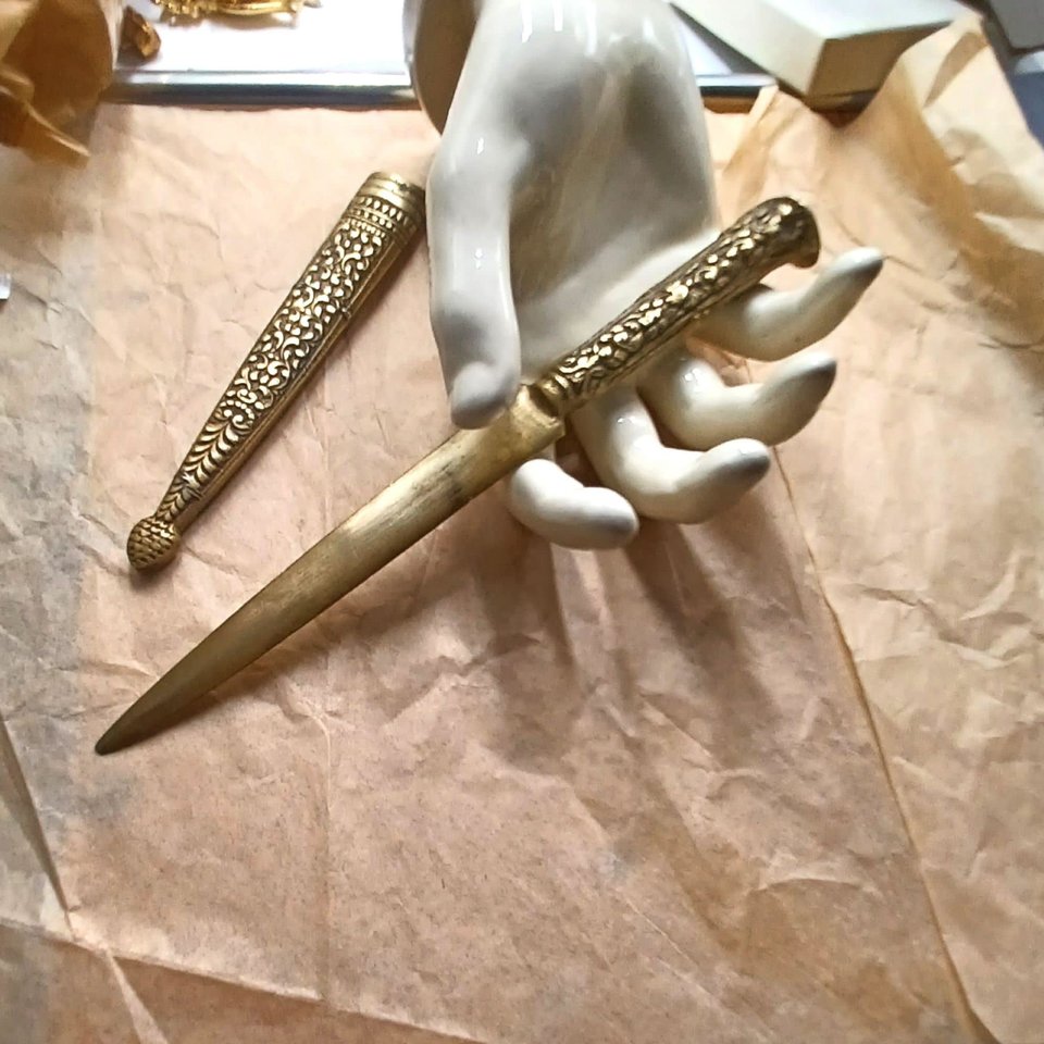 Antique Ornate Brass Letter Opener with Matching Sheath