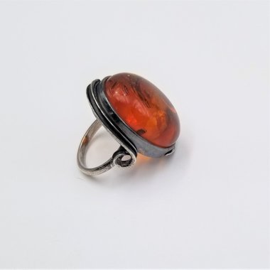Large Genuine Amber Dome Ring set In Sterling Silver