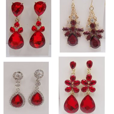 Brilliant Vintage Red Rhinestone Pierced Earrings-4 Pairs
