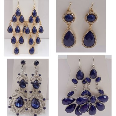 4 pairs of Vintage Rhinestone Dark Blue Pierced Earrings