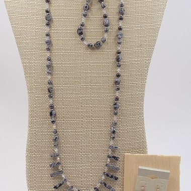 Gorgeous Vintage Snowflake Obsidian Jewelry Set, Necklace, bracelet and earrings