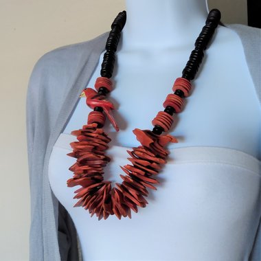 Attention Grabbing Large Vintage Tropical Coconut and Black Spinal? with Wooden Red Parrot Statement Necklace