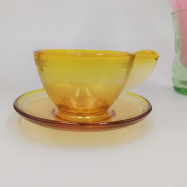 Sparkling Vintage Miniature Stippled Band Topaz Pressed Glass ToyTeacup and Saucer Set by AKRO AGATE circa 1935