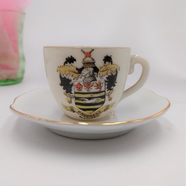 Statelyl Vintage Crestware "Progress Blackpool" Miniature Teacup and Saucer Set, Souvineer set Made in England