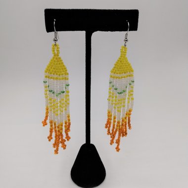 Handcrafted Native American Navajo Yellow, Orange and White Seed Bead Dangle Earrings