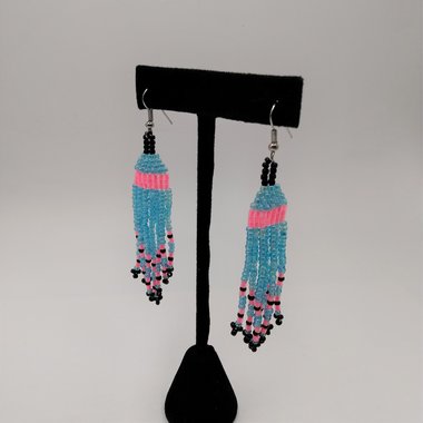 Handcrafted Native American Navajo Blue and Pink Seed Bead Dangle Earrings