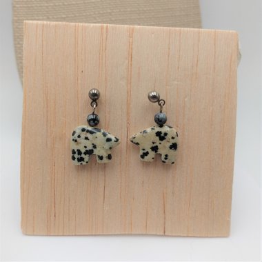 Southwestern Vintage Dalmatian Jasper Spirit Bear Dangle Post Earrings