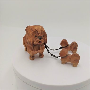 Sweet Vintage Hand Carved Wooden Chained Sheepdogs Mom and 2 Pups, 1940's
