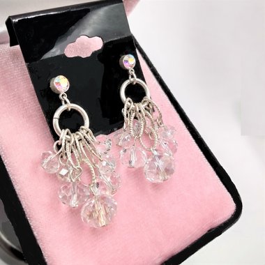 Gorgeous Vintage Silver Tone Aurora Borealis Iridescent Crystals Dangle Cha-Cha Earrings, Super Sparkly!