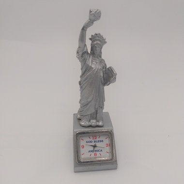 Small Vintage Statue of Liberty Metal Figurine Desk Clock, Souvenir, New Battery