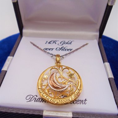 Delightful Vintage 14K Gold over Silver "I love you to the moon and back" Pendant and Chain In Gift Box New with Tags