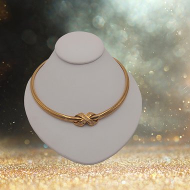 Sleek Vintage AVON Omega Gold Tone Collar Necklace with Infinity Criss Cross Rhinestone Pendant
