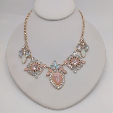 Sparkling Vintage Charming Charlie Gold Tone Rhinestones and Peach Cabochons Princess Statement Necklace
