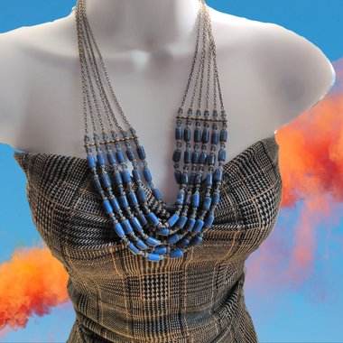 Handsome Vintage Silver Tone Multi- Strand Periwinkle Blue Barrel Beads Bib Statement Necklace