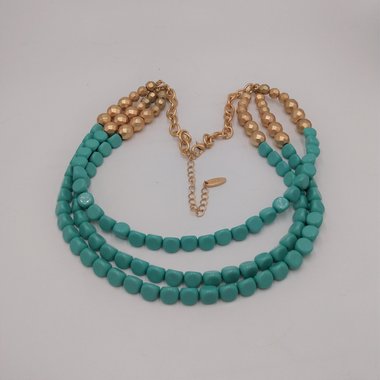 Cheerful Vintage  Plunder Acrylic Resin Turquoise Color and Matte Gold Tone Multi Stand Beaded Statement Necklace