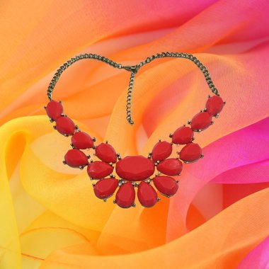 Bold 80's Vintage Gold Tone and Bright Red  Faceted Cabochons and Rhinestone Accents Bib Statement Necklace