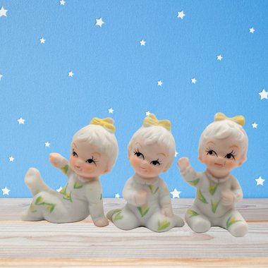 3  ADORABLE Vintage Bisque Porcelin Bone China Napcoware Baby of the Month Figurines, Corn Pajamas, highly collectable