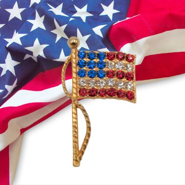 Patriotic Vintage Gold Tone Red, White and Blue Rhinestone Earrings and American Flag Brooch Set