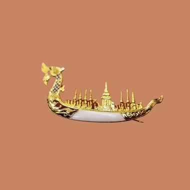 Detailed Vintage Gold Tone and Enamel Thai Dragon Boat Brooch