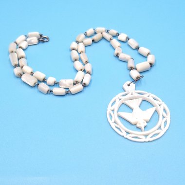 Antique Victorian Hand Carved Mother of Pearl Bird Ornate Pendant and Mother of Pearl Rosary Style Chain Necklace