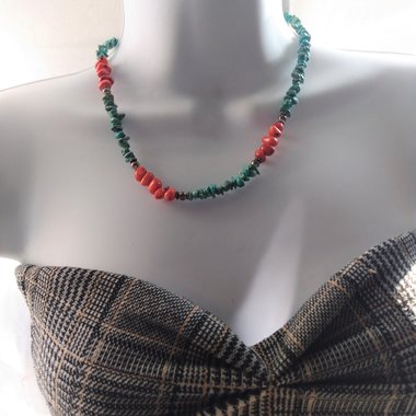 Earthy Vintage Turquoise and Coral Chip Necklace