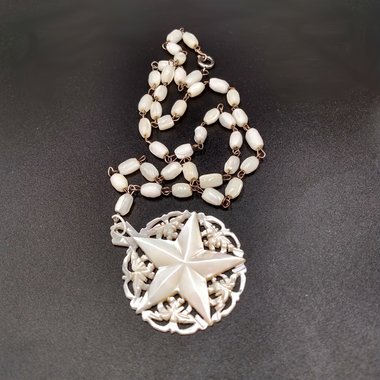 Antique Mother of Pearl Victorian Hand Carved Star Ornate Pendant and Mother of Pearl Rosary Style Chain Necklace