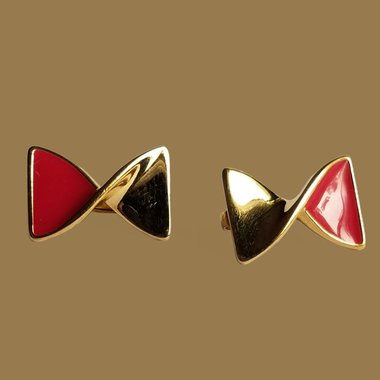 Delightful Vintage AVON Gold Tone and Red Enamel Twisted Bow Clip-on Earrings