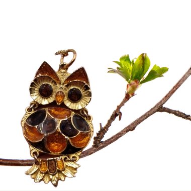 Adorable Vintage Articulated Gold Tone Fall Colors Owl Pendant and Chain