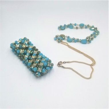 Mesmerizing Vintage Première Designs "Belize" Turquoise and Gold Faceted Crystal Beads and Rhinestones Necklace and Bracelet Set