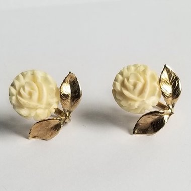 Timeless Vintage Charles Reis CRCO 12K Gold Filled Carved Celluloid Rose Screw Back Earrings