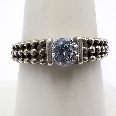 Unique Vintage Sterling Silver Tension Set Cubic Zirconia Silver Granule Textured Solitaire Ring ,Size 7.75