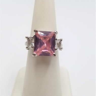 Fun Vintage Silver Tone Large Pink and Clear Princess Cut Cubic Zirconia Fashion Ring Size 5.75
