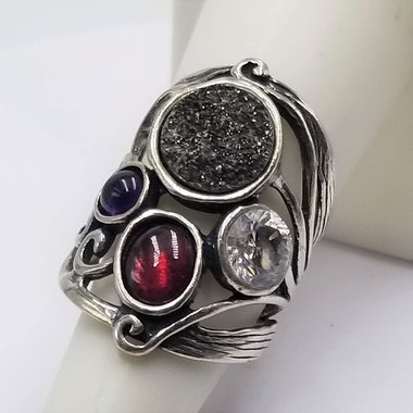 Handcrafted Vintage Israel Designer DIDAE Shablool Sterling Silver Druzy, Cubic Zirconia and Glass Cabochons Scroll Statement Ring