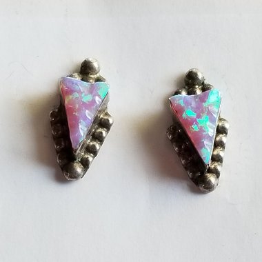 Adorable Vintage Southwestern  Sterling Silver and Pink Fire Opal Triangle Stud Earrings
