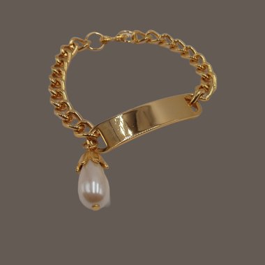 80's Vintage Gold Tone ID Bracelet with a Faux Tear drop shape Charm, Super Shiny, looks new