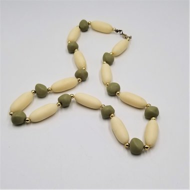 Lovely Vintage Muted Earth Tones Off White and Olive Resin  and Gold Tone Accents Beaded Necklace
