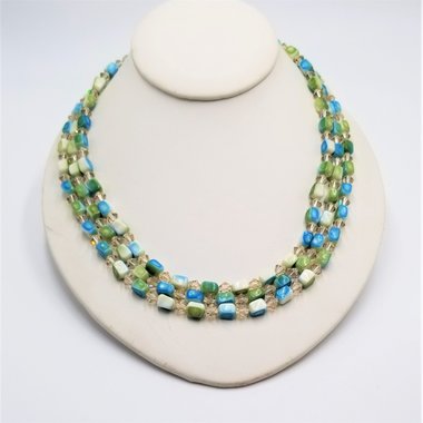 Fresh Vintage Multi-Strand Green and Blue Lucite and Crystal Beaded Cascading Summertime Necklace