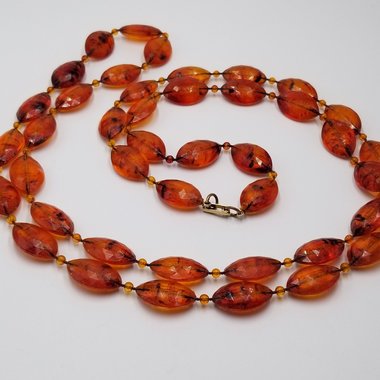 Vintage Long Translucent Dark Orange Acrylic Faceted Beads Necklace