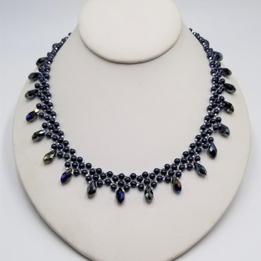 Complex Vintage Dark Blue Faux Pearls and Dark Blue AB  Teardrop Crystal Beaded Collar Necklace