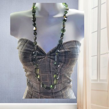 Vintage Long Translucent Large Forest Green Faceted Acrylic Beaded Necklace
