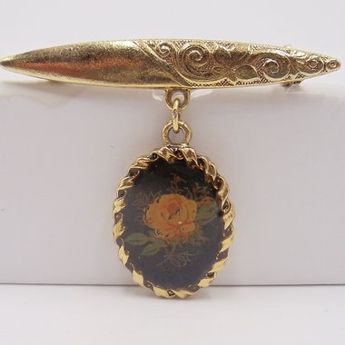 Lovely Vintage Victorian Revival Gold Tone Bar Pin with Dangling Portrait of a Rose Brooch