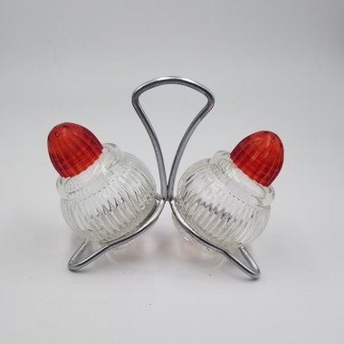 Vintage Clear Ribbed Glass with Red Plastic Screw on Lids Salt and Pepper Shakers with Wire Stand/Holder